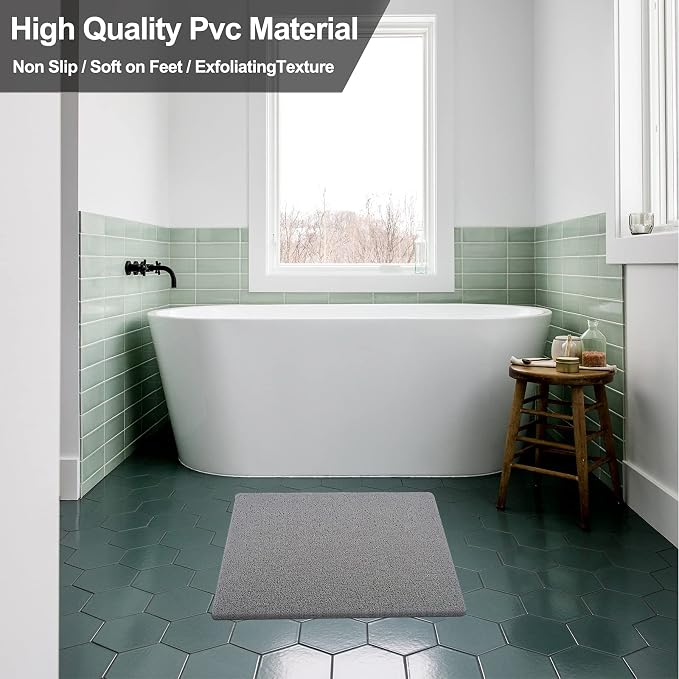 Shower Mat Non Slip Without Suction Cups 24x24 inch, PVC Loofah Bath Mat for Textured Tub Surface,Shower,Bathroom, Quick Drying (Grey)