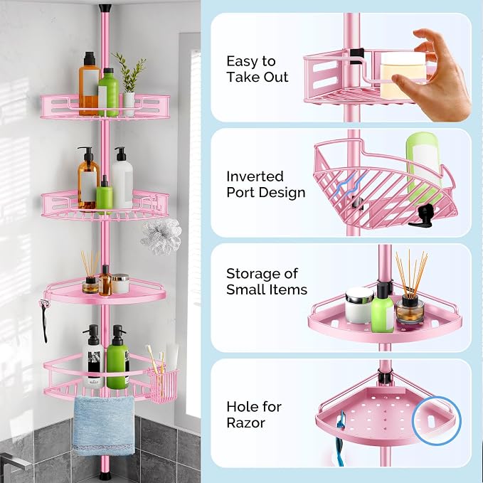HAMITOR Corner Shower Caddy Tension Pole: Quick Installation 4-Tier Rustproof Bathroom Organizer Shelves for Bathtub Shampoo Storage - 47-121 inch Adjustable Floor Standing Bath Rack Holder - Pink