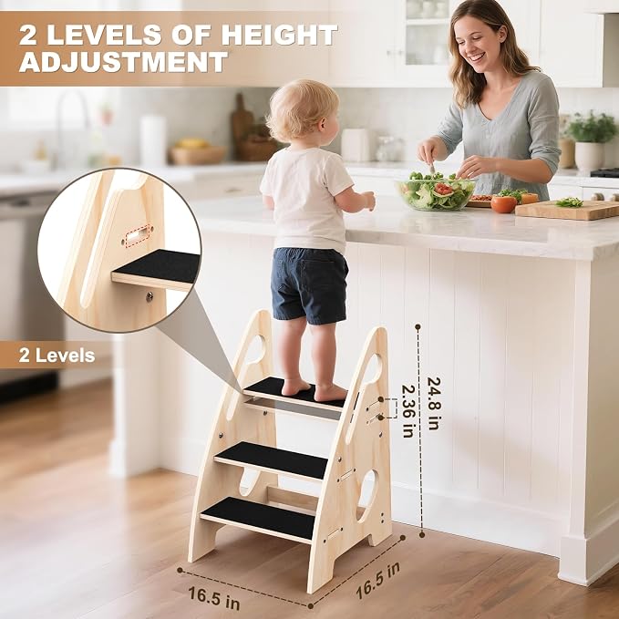 Toddler Step Stool, Wooden Height-Adjustable 3-Step Stool for Kids, Potty Training Stool with Handles and Non-Slip Pads for Bathroom Sink, Kitchen, Bedroom