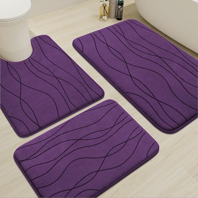 YIHOUSE Memory Foam Bathroom Rug Sets, Purple, 3 Piece | Ultra Soft, Absorbent, Non-Slip, Machine Washable