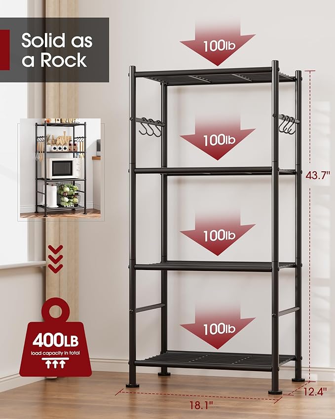 Sakugi Storage Shelves - 4-Tier Large Capacity Shelf Organizer with Hooks, Heavy-Duty Garage Shelving with Leveling Feet, Wobble-Free Rack for Bedroom, Balcony, Garage, 18.1"×12.4"×43.7", Black