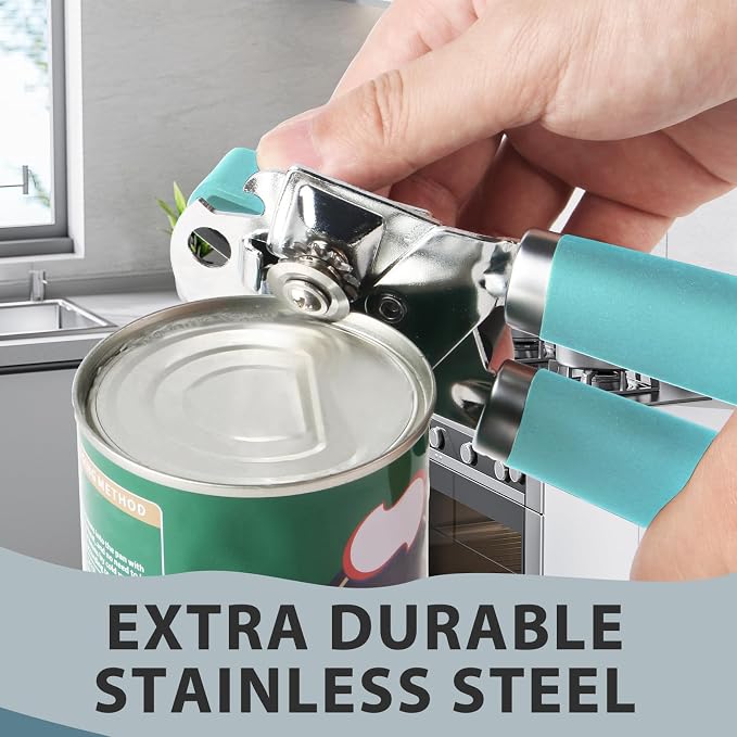 Safring Can Opener Manual, Heavy Duty Handheld Strong Can Opener with Soft Touch Handle, Sharp Blade Smooth Edge, Can Openers with Multifunctional Bottle Opener, Aqua Sky