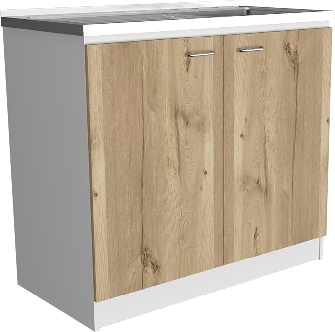 Tuhome Napoles Utility Sink Base Cabinet with Integrated Stainless Steel Countertop, Freestanding Cabinet with Double Doors, Interior Shelf for Laundry Room, Utility Room, Mudroom or Kitchen