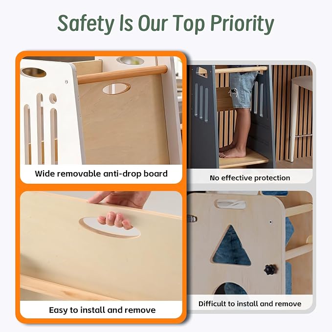 Toddler Tower,Height-Adjustable Step Stool with Sliding Safety Door,Easy to Adjust Height,Suitable for Kids from 18 Months to 5 Years Old,Anti-tilt Kitchen Step Stool with Safety Feet-White