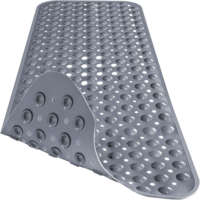 Extra Long Gray Bathtub Mat Non Slip, Soft Bath Mat for Tub 40 x 16 Inch Full Size, Bath Tub Shower Mats for Bathroom Floor with Big Suction Cups and Drain Holes, Easy Washable, BPA Free