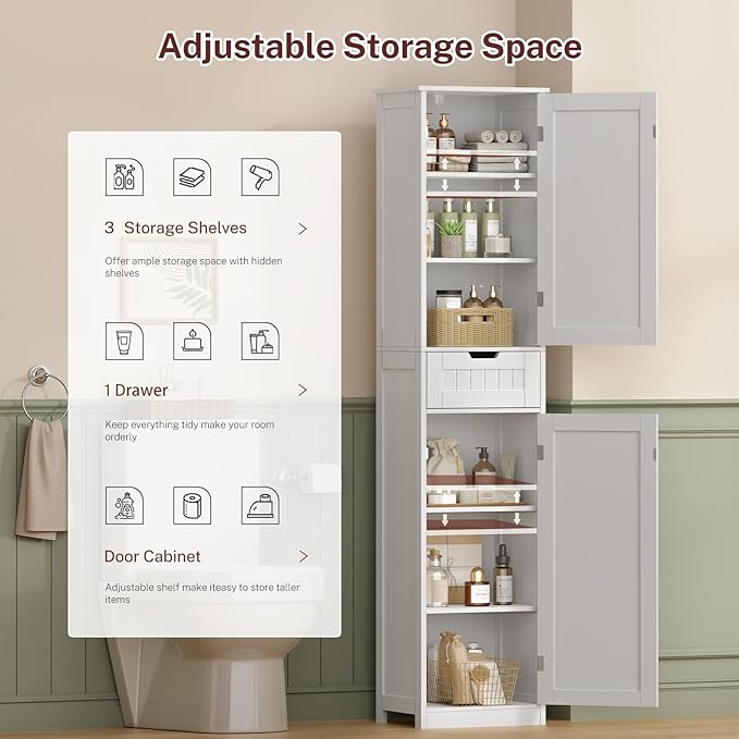 TEENFON 67" H Tall Bathroom Cabinet with 2 Doors & 1 Drawer, Narrow Bathroom Storage Cabinet with Adjustable Shelves, for Living Room, Entryway, Kitchen, White