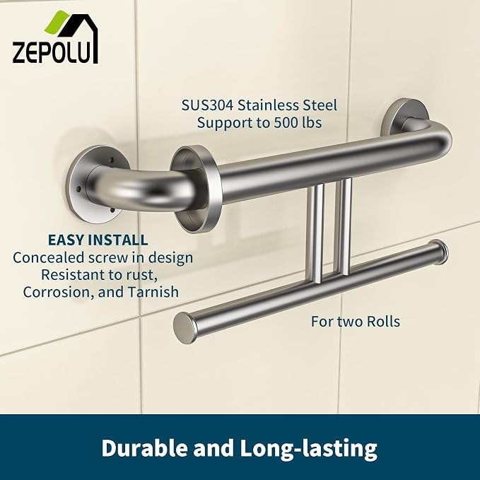 Brushed Nickel Handicap Grab Bar w/Toilet Paper Roll Holder, Zepolu 2-in-1 Safety Assist Bar Balanced Support Handle 17 Inch, Stainless Steel Wall Mounted Bathroom Toilet Grab Bar for Senior Elderly