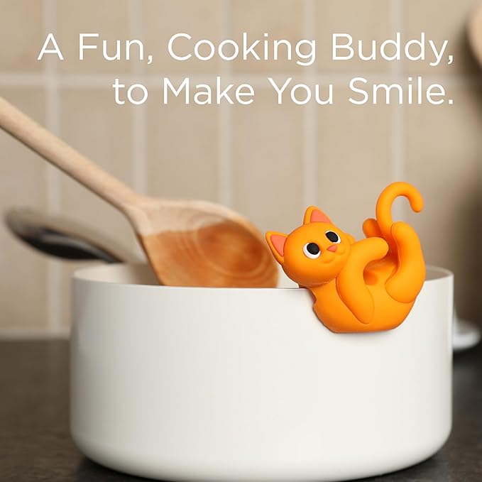 Orange Cat Spoon Rest for Stove Top – Silicone Pot Clip Utensil Holder & Lid Lifter – Funny Kitchen Gadget, Unique Orange Tabby Cat Gifts for Women – 3" x 2.5"