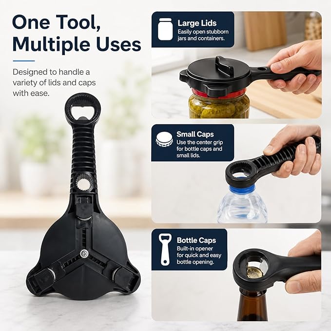 2 in 1 Adjustable Jar Opener for Seniors, Effortless Stainless Steel Lid Opener for Weak Hands & Arthritis, Multi-Function Bottle and Cans Opener, Unique Father's Day Gifts for Men (1PC) (Black)