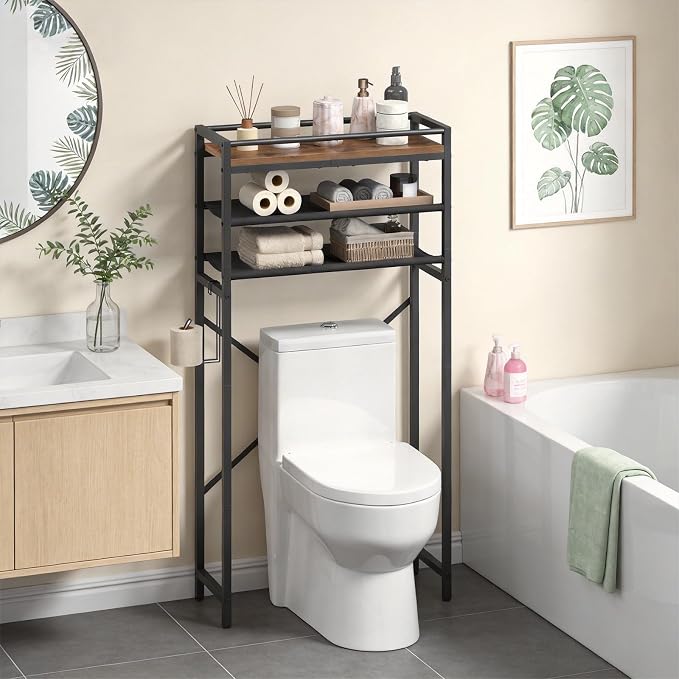 MAHANCRIS Over Toilet Storage, 3-Tier Bathroom Organizer Shelf with Toilet Paper Holder, Freestanding Space Saver Bathroom Shelves Above Toilet for Bathroom, Laundry Room, Rustic Brown TSHR1201