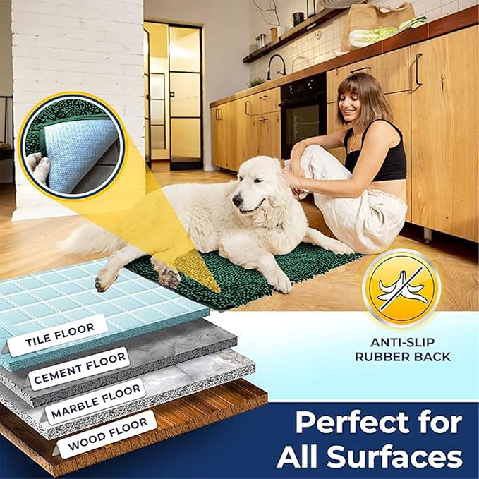 Muddy Mat® | Chenille Bathroom Rugs Quick Dry Microfiber Mats Non Slip Washable, Extra Thick, Soft and Highly Absorbent Bath Mats for Bathroom, Kitchen, and Shower Floor - Dark Green 24"x35"