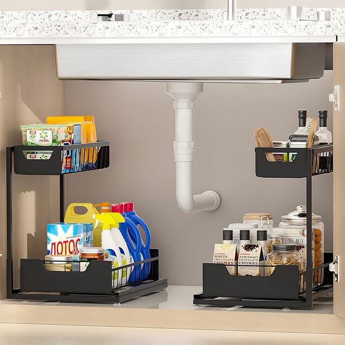 Ceetug Under Kitchen Sink Organizers and Storage Pull Out 2 Tier Metal Bathroom Cabinet Organizer (Black, 2 Pack)