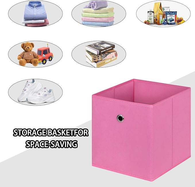 Foldable Storage Cubes Bins ,11 Inch Cloth Storage Cube Fabric Storage Box Cubes Organizer Baskets with Handles for Home Organizer Set of 6 (Pink)