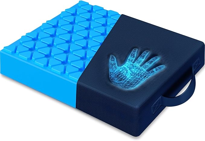 Seat Cushion for Office Chairs, Memory Foam Chair Cushion with Patterned Core for Even Support, Back, Tailbone & Sciatica Relief, Chair Pillow with Carry Handle for Car, Wheelchair (Blue)