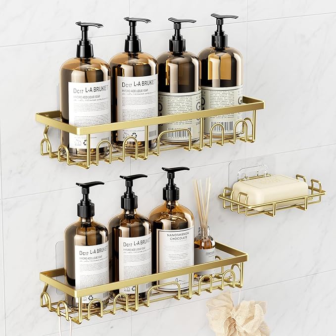 Shower Caddy, 3 Pack Shower Shelves for Inside Bathroom, Rustproof Adhesive Bathroom Organizer with Soap Holder, No Drilling Washroom Organizers and Storage for Bathtub Room/Kitchen/Home, Gold