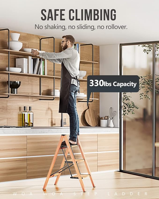 WOA WOA 3 Step Ladder, Foldable Step Stool, Aluminum Lightweight Ladder for Home Kitchen Closet, Anti-Slip Pedals, Ease of Folding, Portable, 300lbs Capacity - Wood Grain