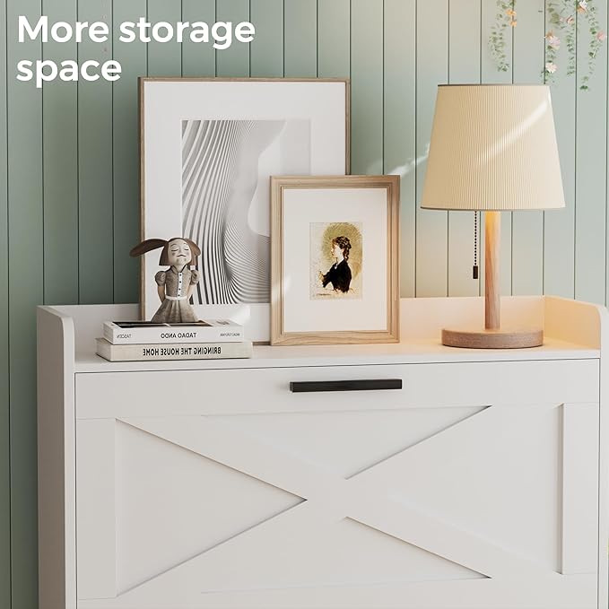 Homleke 32" W Farmhouse Shoe Storage Cabinet with 2 Flip Drawers and Barn Door Design, Adjustable Shelves, Modern Hidden Slim Narrow Shoe Rack Cabinet for Entryway, Foyer, Hallway, Living Room, White