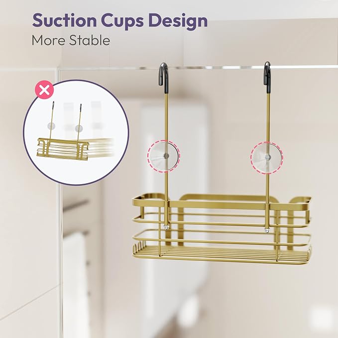 SWTYMIKI Shower Caddy Hanging Organizer - Over the Door Shower Caddy with 6 Hooks, 2 Installation Ways, Stainless Steel Rustproof Bathroom Organizer, Gold Small