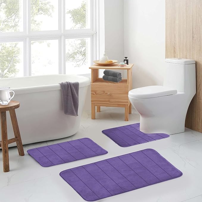 RUN HELIX Lavender Bathroom Rug Set 3 Pieces Ultra Soft, Striped Non Slip Memory Foam Toilet Mat, Absorbent Plush Shaggy Bath Mats for Bathroom, Bedroom, Kitchen