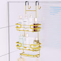 SWTYMIKI Over the Door Shower Caddy Hanging with Double Soap Holder, Hanging Shower Organizer with 16 Hooks, No Drilling Shower Shelves Over Door, Bathroom Rack and Storage, Gold