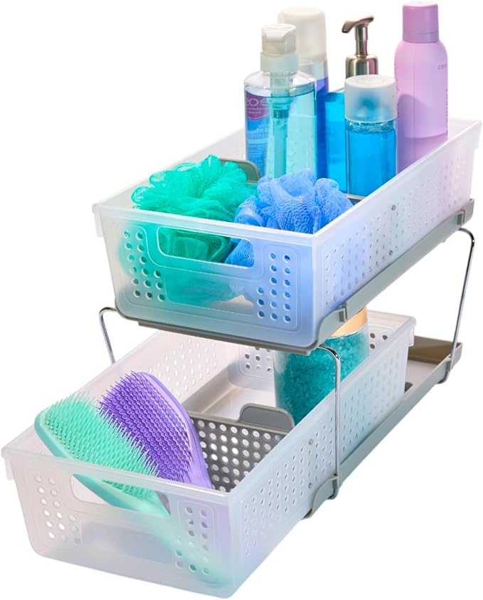 madesmart 2 Tier Bath Organizer,Undersink Storage with Sliding Drawers,for Cleaning Supplies, Pantry, Sponges,Bottles&Kitchen Essentials,Adjustable Dividers&Pull Out Sliding Baskets,Frost, (Pack of 2)