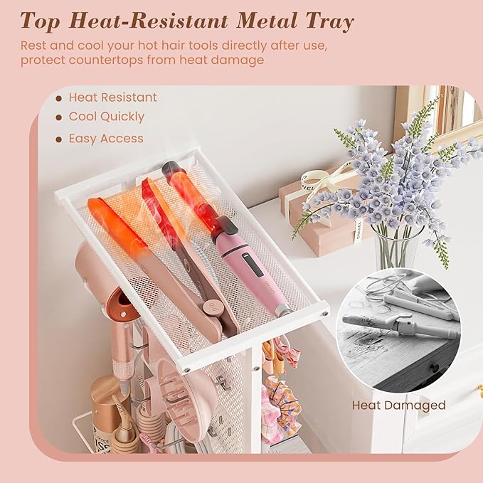 Hair Tool Organizer Cart with Hair Dryer Holder, Narrow Bathroom Storage Cart for Curling Flat Iron & Hot Tools, Slim Hair Appliance Organizer for Vanity Styling Tools, Salon Cart with Tray on Wheels