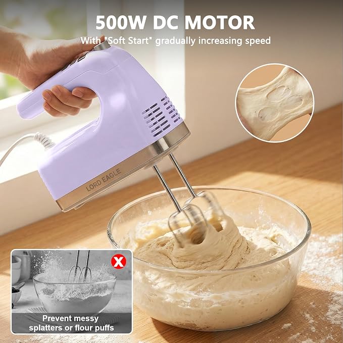 Lord Eagle 9-Speed Digital Hand Mixer Electric Handheld, 500W DC Motor Kitchen Mixer for Cake Baking, Lightweight Egg Beaters with Stain-resistant & Waterproof Storage Bag & 6 Accessories, Purple