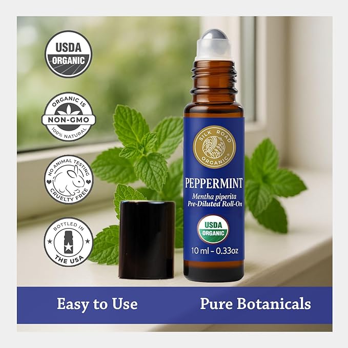 Silk Road Organic Peppermint Essential Oil Roll on for Head Tension, Nausea, Morning Sickness, Energy & Focus – 10ml USDA Certified Aromatherapy Roller - Always Pure, Always Organic