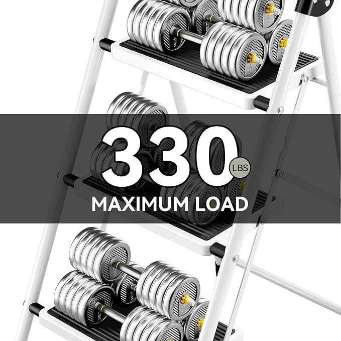 KINGRACK Step Ladder 3 Step Folding with with Anti-Slip and Wide Pedal,Portable Foldable,Tall Sturdy Step Ladder with Handgrip for Home Kitchen Household,White