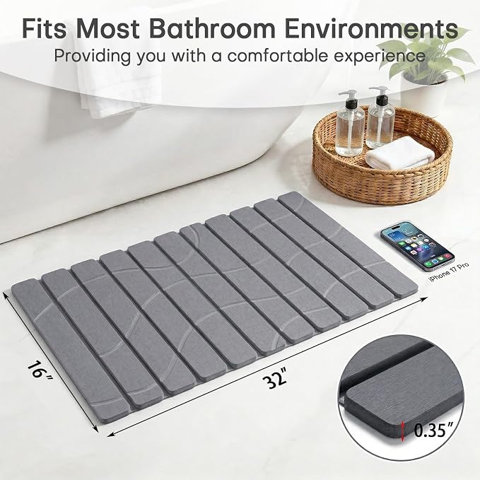 Foldable Stone Bath Mat, Non Slip Large Diatomaceous Shower Mat, Super Absorbent Quick Drying Stone Mat for Bathroom Kitchen Floor Counter Sink,Easy to Clean & Store (32" x 16" Dark Gray)
