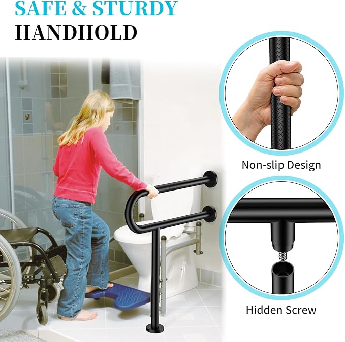 Toilet Support Rail 24X 28 Inch, Munzong Anti-Slip Black Handicap Grab Bar for Bathroom, Stainless Steel Knurled Safety handrails with Leg for Elderly Disabled Pregnant-1.25’Tube