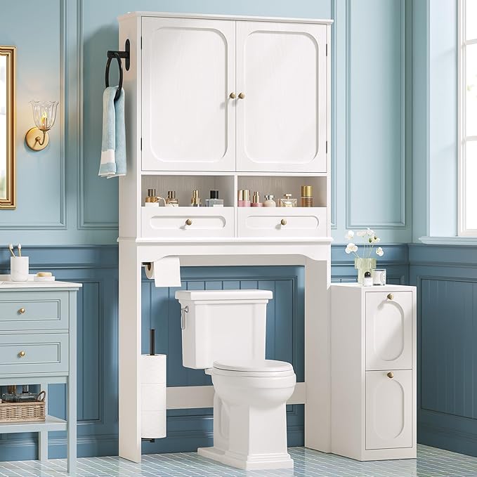 Over the Toilet Storage Cabinet with Mobile Bathroom Storage Cabinet & 3 Adjustable Shelves, Bathroom Storage Cabinet Over Toilet with 4 Section Drawers for Bathroom and Laundry Room, White