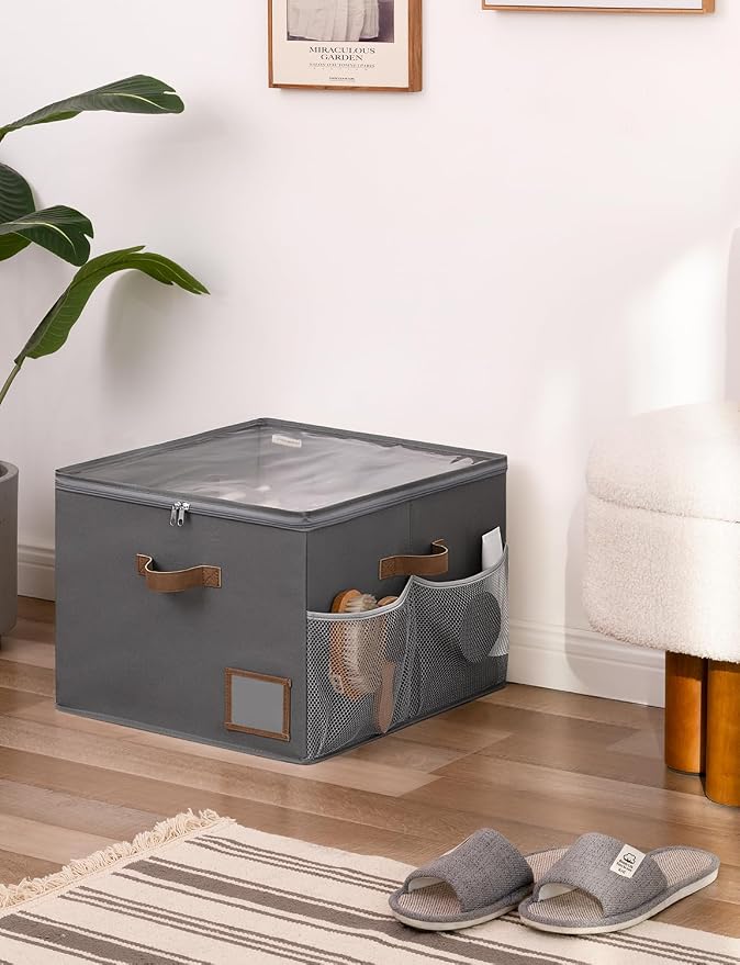 StorageWorks Shoe Organizer for Closet, Fabric Shoe Storage Boxes for Slippers and Sandals, Stackable Shoe Bins for Closet with Side Mesh Pockets, Holds Up to 16 Pairs, Grey