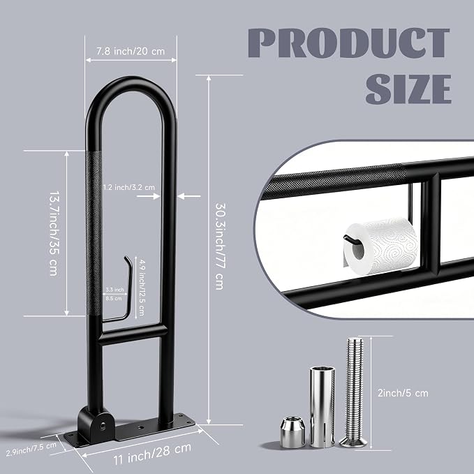 30.3 Inch Toilet Grab Bar, HUAS Black Anti Slip Bathroom Toilet Safety Rails, U Shaped Flip-Up Handicap Grab Bars w/Paper Holder, Stainless Steel Support Handrail for Elderly Disabled Senior