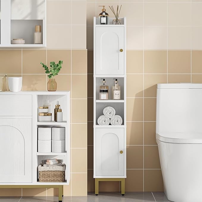 Hzuaneri Slim Bathroom Storage Cabinet, Narrow Bathroom Organizers and Storage with 4 Adjustable Feet, Laundry Room Organization for Small Space, Kitchen, Living Room, 2 Doors White BC22413G