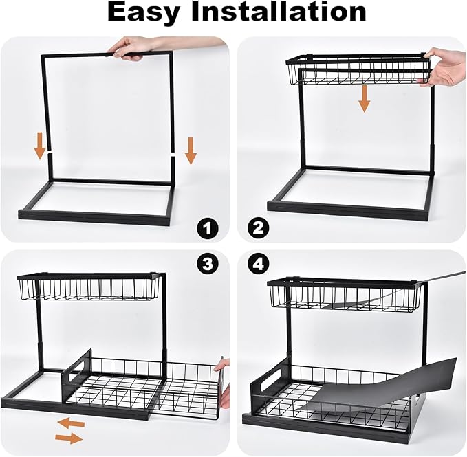REALINN Under Sink Organizer, Pull Out Cabinet Organizer, 2 Tier Metal Slide Out Shelf with L Shaped Design for Kitchen, Bathroom, Laundry, and Utility Cabinet Storage for Deep Cabinets, Black, 1 Pack