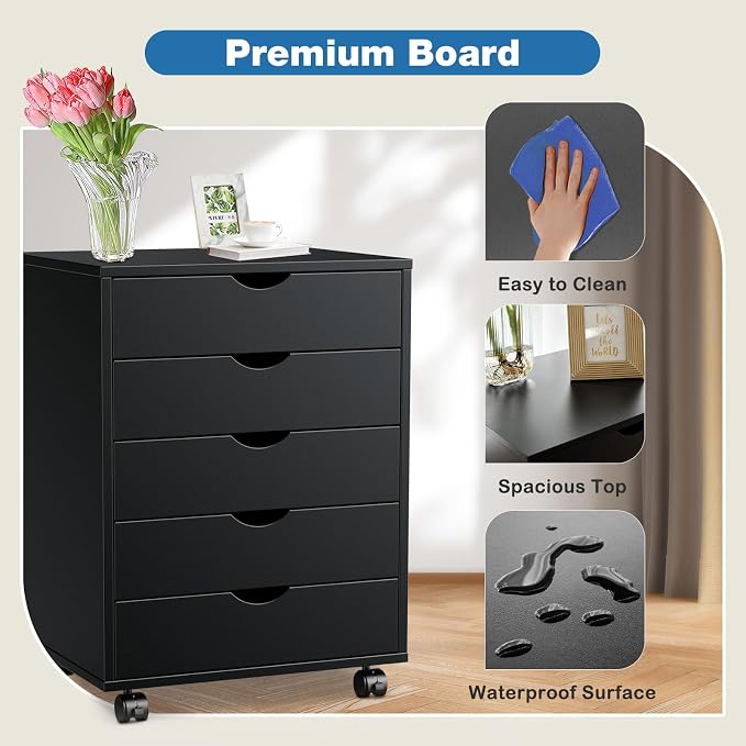 OLIXIS 5 Drawer Mobile File Cabinet Under Desk Storage Organization with Wheels Vertical Filing Chest Rolling Wood Small Desk Printer Stand for Home Office, 15.75"D x 18.74"W x 25.39"H, Black