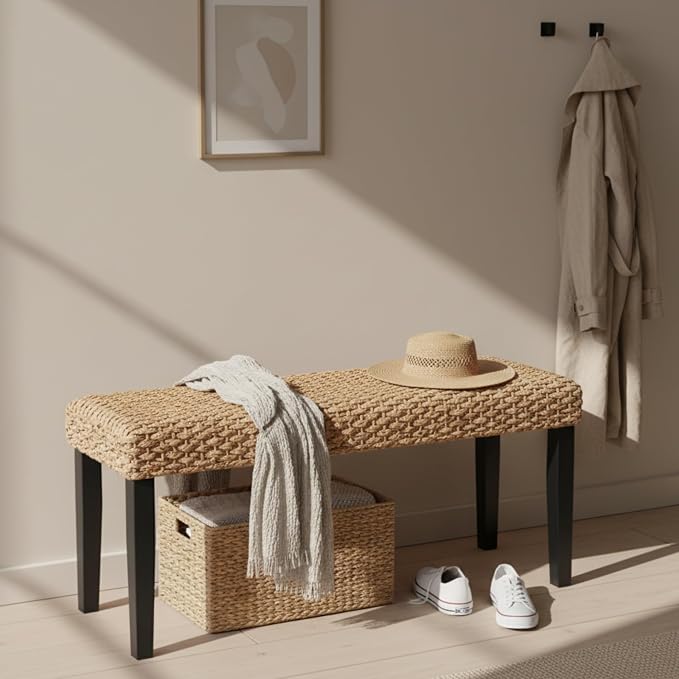 Solid Wood Acacia Indoor Bench with Natural Woven Seat, Boho Bench Entryway, Wood Bench for Living Room, Wooden Bench for Bedroom, Farmhouse Entryway Bench, Dining Benches (Black, Water Hyacinth)
