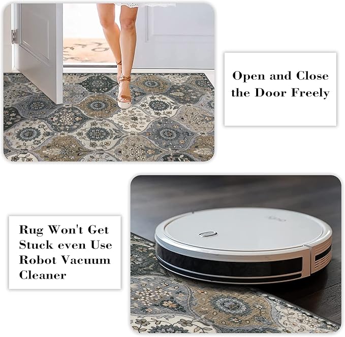 Lahome Moroccan Washable Round Area Rug, Soft Vintage Round Rug 3ft, Distress Circle Carpet for Entryway Bathroom Bedroom, Non Slip Low Pile Stain Resistant Accent Rug Elise, Grey