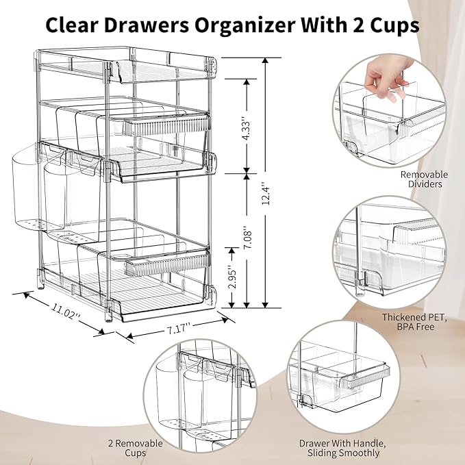 Clear Bathroom Organizers 2 Sets 3 Tier, Pull Out Organizer and Storage with 2 Cups, Slide Out Drawer Storage Container with 6 Dividers, Multi-Purpose Bathroom Organizer, Kitchen Under Sink Organizer