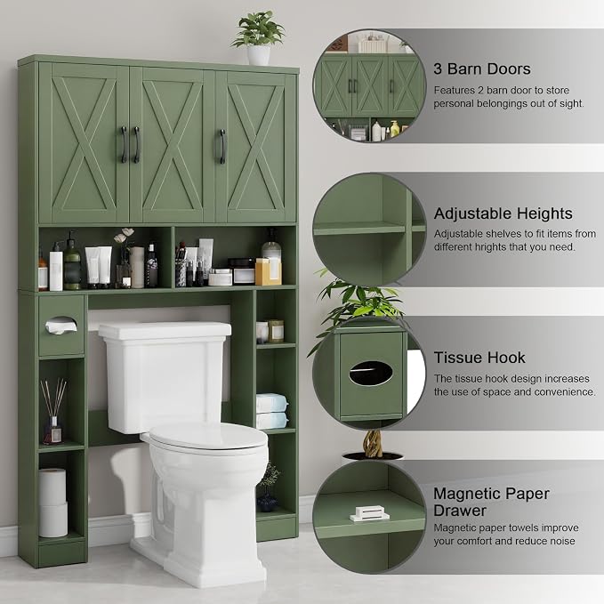 Vabches Over The Toilet Storage Cabinet, Farmhouse Toilet Cabinet Rack with 3 Barn Doors, Space Saving Bathroom Organizer with Shelves, Toilet Paper Holder and Towel Rack for Bathroom,Restroom.(Green
