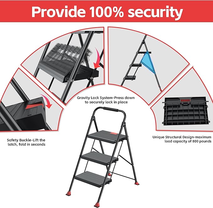 DIAMONDFORGE 3 Step Ladder Foldable Folding Stool - for Home Adults Kitchen, Iron, Black, Extension Tall Heavy Duty with Handrails - Closet Stepstool Extendable Stepladder for Indoor House 800 lbs