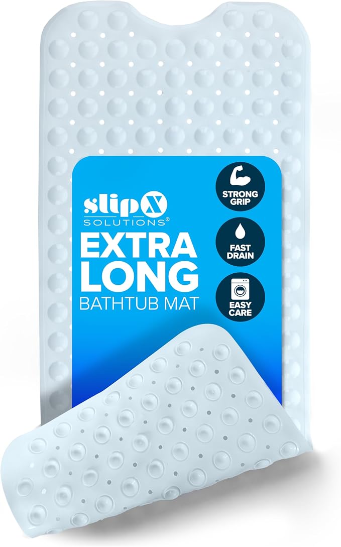 SlipX Solutions Power Grip Extra Long Bath Tub & Shower Mat 39x16, Wet Floor Non-Slip for Elderly & Kids Bathroom, 30% Longer Bathtub Mats, 200 Suction Cups, Drain Holes (White)