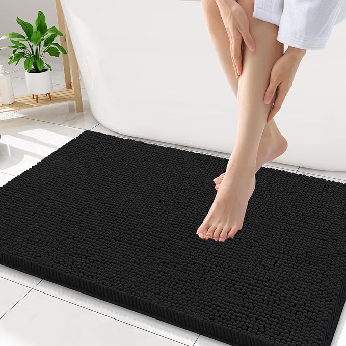 Smiry Luxury Chenille Bathroom Rugs 34x21, Extra Soft and Absorbent Shaggy Bath Mat, Machine Washable, Non-Slip Plush Carpet Runner for Tub, Shower, and Floor, Home Decor Accessories, Black