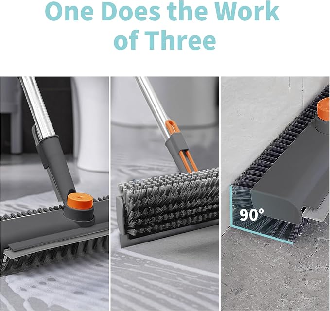Floor Scrub Brush with Long Handle, 3 in 1 Scrape and Heavy-Duty Stiff Bristle Scrubber Brush for Cleaning Shower Bathroom, Patio, Pool, Garage, Kitchen, Wall and Deck (Gray, 1 Pack)