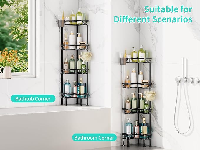 HapiRm Standing Shower Caddy Corner - 4 Tier Corner Shower Organizer with Toothbrush Holder and 16 Hooks, Large Capacity Rustproof Bathroom Shelves for Tall Bottles, Black