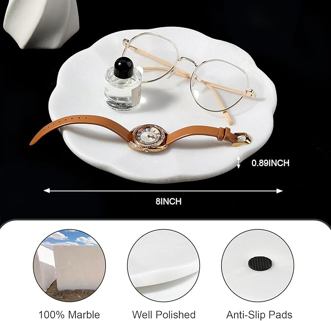 Koville Marble Tray, 8" Round Scalloped Marble Vanity Tray for Jewelry Trinket Perfume, Natural Stone Tray for Bathroom Kitchen Dresser Countertop, Decorative Catchall Tray Home Decor(White)