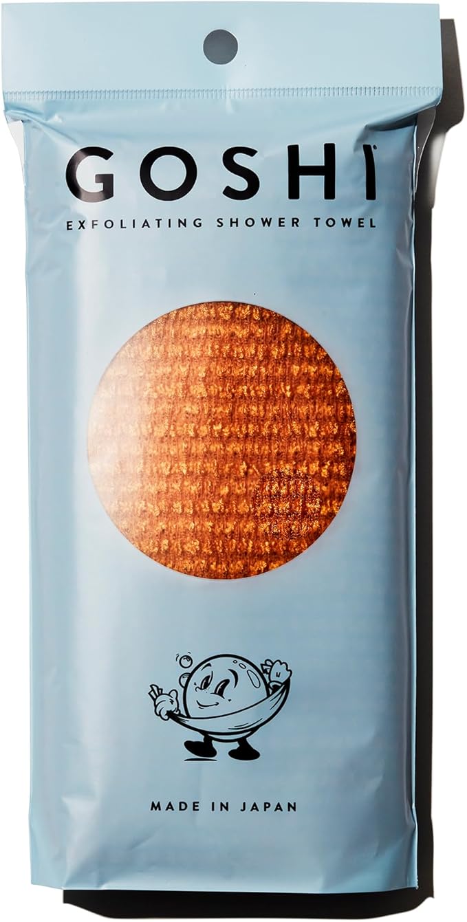 GOSHI Exfoliating Shower Towel - Long Body Scrubber for Back Acne, KP & Smooth Skin - Durable Rip-Resistant Weave, Quick-Dry Nylon Washcloth - Ethically Crafted in Gunma, Japan - Orange