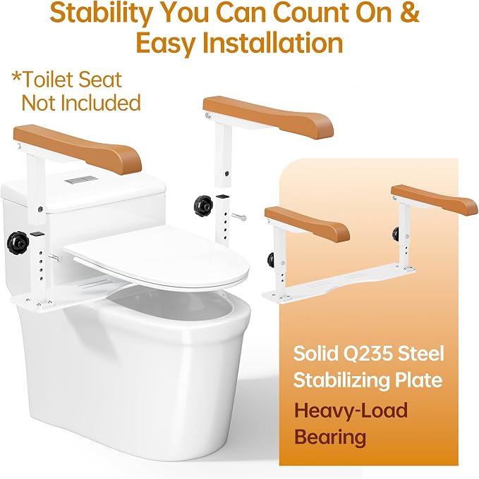 Simple Project 15.7" Toilet Safety Rails for Seniors, Flipped 90°＆Adjust Heigh Toilet Seat Handle, Super Sturdy 500LBS Toilet Safety Frame for Disabled or Mobility Issues, Grab Bars Arms(Brown)