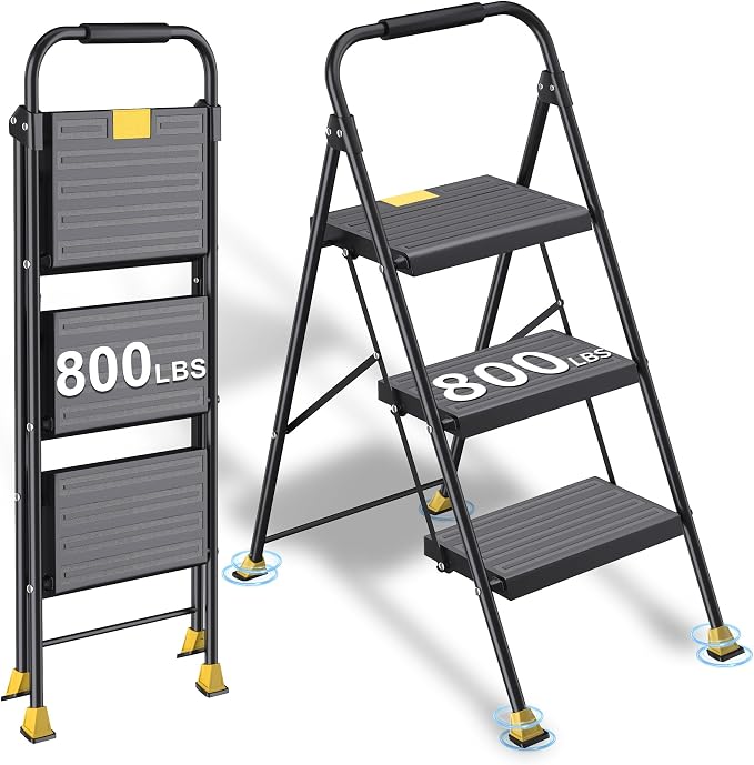 DIAMONDFORGE 3 Step Ladder Foldable Folding Stool - for Home Adults Kitchen, Iron, Black, Extension Tall Heavy Duty with Handrails - Closet Stepstool Extendable Stepladder for Indoor House 800 lbs